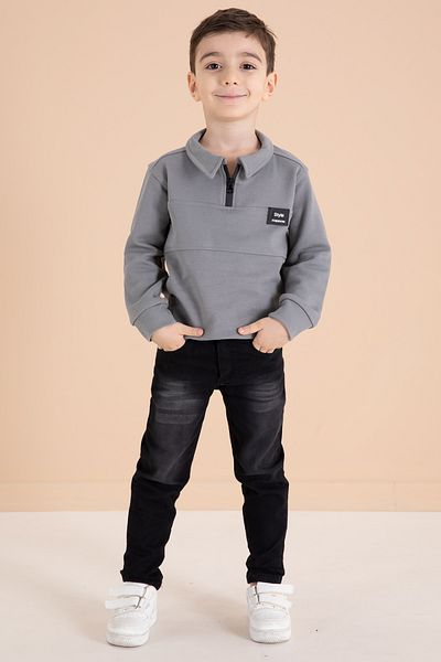 Cansın Mini Smoked Zipper Collar Sweatshirt and Jeans Pants Boy Suit 20110