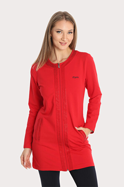 Piyera Kadın Kırmızı İki İplik Kumaş Cepli Bisiklet Yaka Taşlı Boncuklu Fermuarlı Tunik Takım - 7461