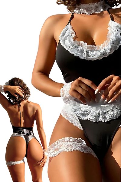 Sofya Passion Costum de menajeră fantezie Costum detaliat din dantelă Lenjerie de corp Set cămașă de noapte