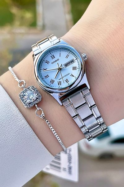 Casio Silver Color Calendar Women's Wristwatch with Blue Cord