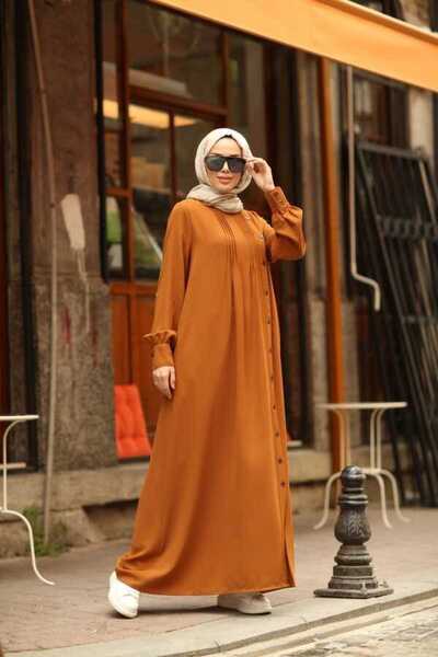 Neways 6508-Krep Yandan Düğmeli Ferace Tarçın