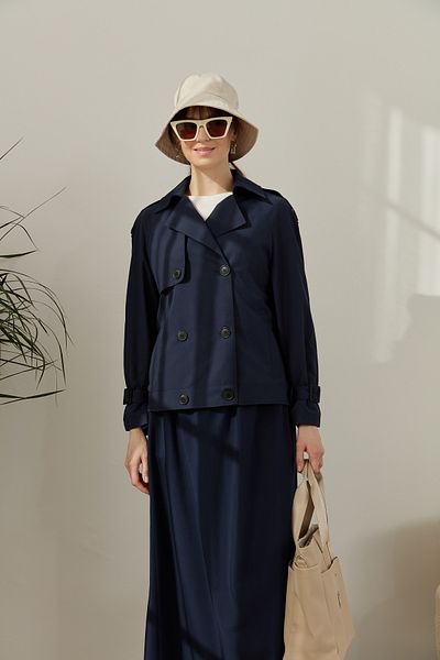 Fatma Atasoy Midi Trench Jacket with Sleeve Epaulettes Navy Blue