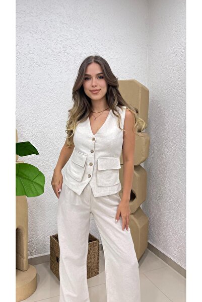 MODA طقم بنطلون نسائي بجيب بأزرار وتفاصيل سترة واسعة الساق