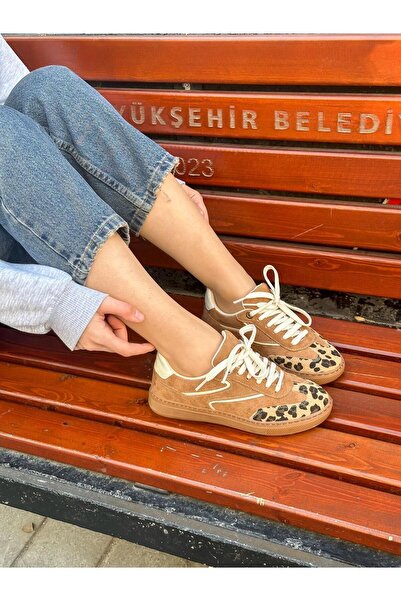 ERVANIN BUTİĞİ Γυναικεία αθλητικά παπούτσια Tan Suede (Wins) Leopard Lace-up