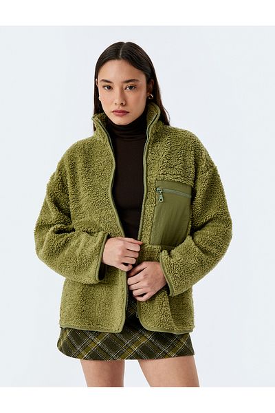 Koton Plush Oversize Sweatshirt with Stand Collar Zippered Pocket Detail