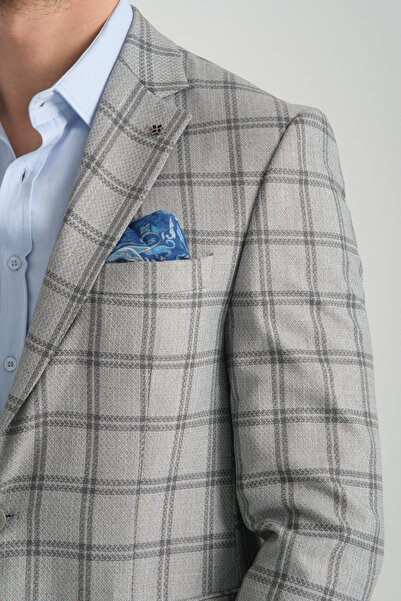 Frappoli Sanofi Erkek Gri Ekose Slim Fit Mono Yaka Spor Blazer Ceket