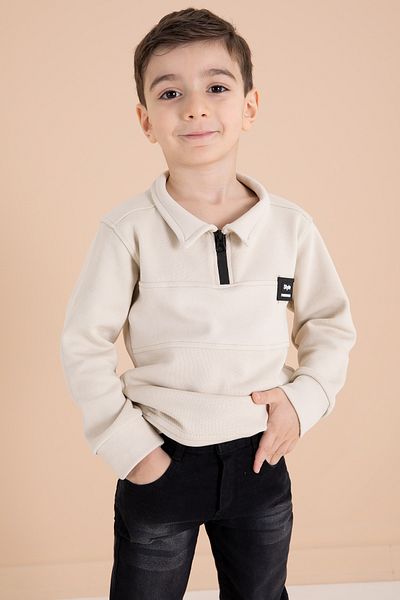 Cansın Mini Cream Zipper Collar Sweatshirt and Jean Pants Boys' Suit 20109