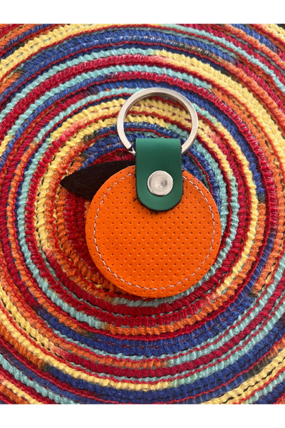 Pinkylola Mandalina  Şeklinde HAKİKİ DERİ ANAHTARLIK / çanta süsü , turuncu,mini boy