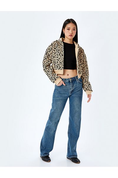 Koton Raster Leopard Print Hooded Zippered Crop Sweatshirt