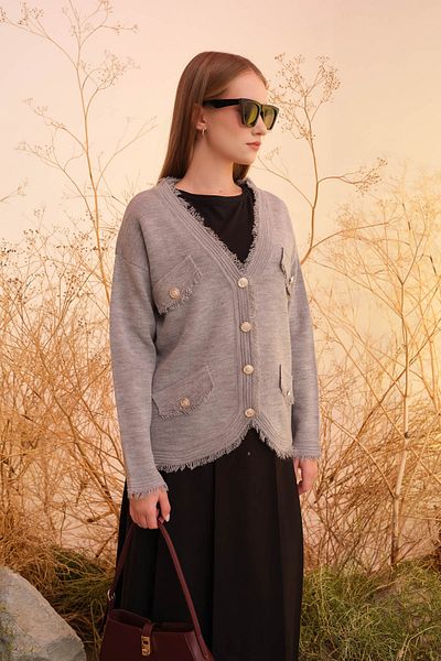 Fatma Atasoy Tasseled V-Neck Gray Knitwear Cardigan