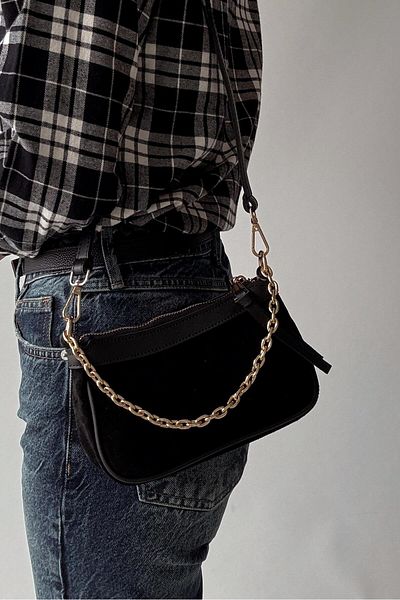 nope21shoess Geantă neagră din piele intoarsa autentica cu detaliu lant