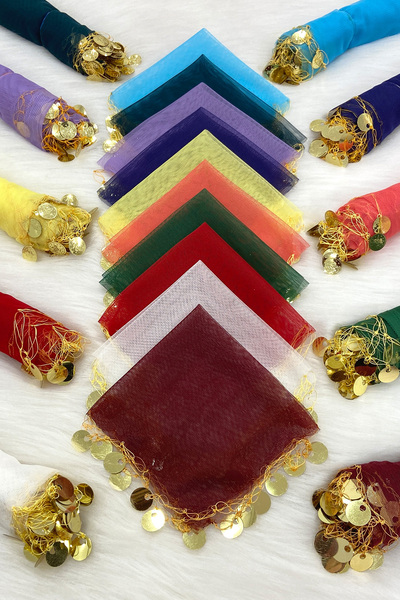 ZEYMERADE Karışık Renk Gold Pullu Tül El Halay Mendili 10 Adet, Gelin Damat Düğün Kına Sünnet Söz Nişan Bride