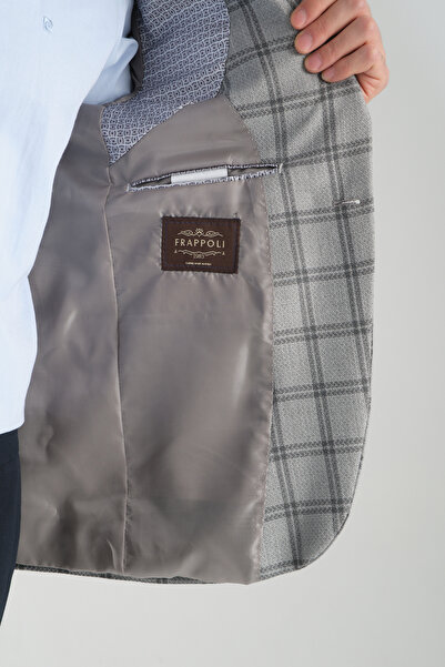 Frappoli Sanofi Erkek Gri Ekose Slim Fit Mono Yaka Spor Blazer Ceket