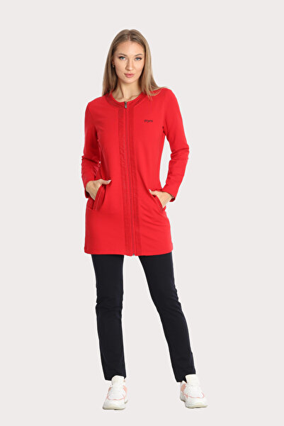 Piyera Kadın Kırmızı İki İplik Kumaş Cepli Bisiklet Yaka Taşlı Boncuklu Fermuarlı Tunik Takım - 7461