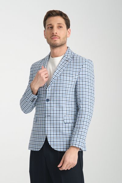 Frappoli Assente Ανδρικό A.Navy Blue - Μπλε λινό καρό καρό μονό γιακά αθλητικό σακάκι