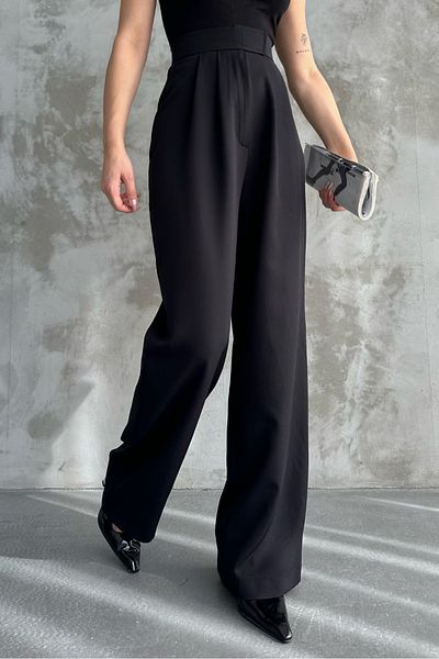 macharel jeans WOMEN'S HIGH WAIST CLOSURE VELCHET DETAIL WIDE LEG PANTS