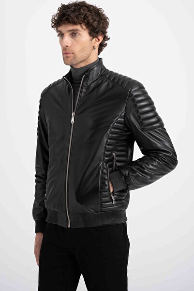 Lebeni Erkek Deri Mont – Siyah Bomber Gerçek Deri Ceket Şerit Detaylı Slim Fit