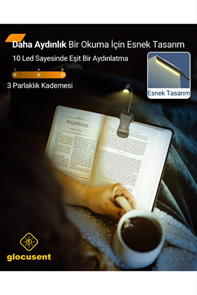 Glocusent Şarjlı LED Masa, Kitap Lambası Çalışma, Okuma, Tamirci Ergonomik Esnek Şarjlı Type C