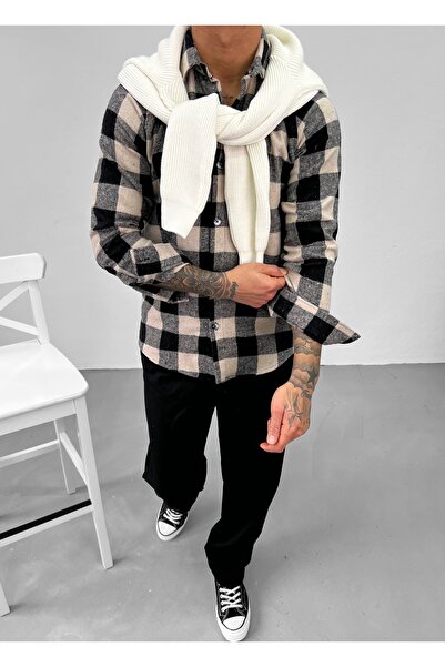 King Brothers Ανδρικό πουκάμισο ξυλοκόπο Slim Fit Slim Fit Μπεζ καρό μακρυμάνικο