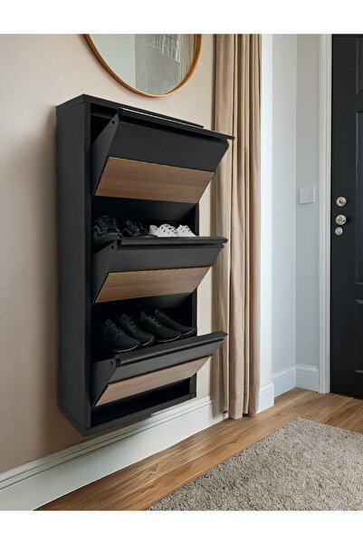 Formet MDF Kaplamalı Üçlü Metal Ayakkabılık Siyah Metalik Ceviz