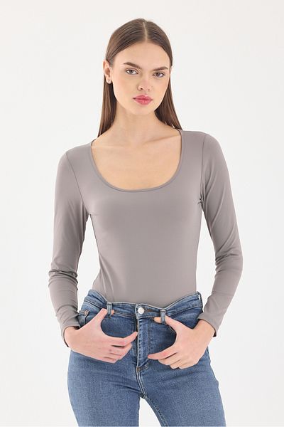ZACHARIUZ Body negru cu mânecă lungă, guler de degajare, antracit