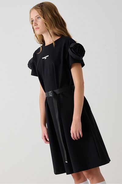 LOCO 09-15 ani Rochie cu curea cu detaliu trandafiri pe umeri - Si̇yah