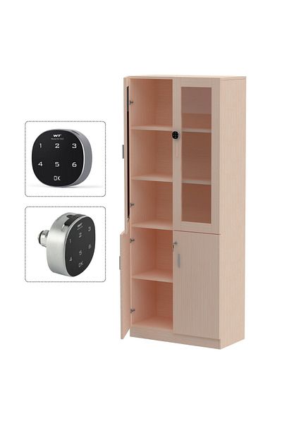 Mahmayi Carre 1123 Full Height Wooden Bookshelf Cabinet with Digital Lock for Home and Office-Oak