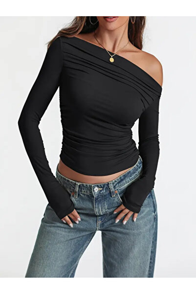 ecemore بلوزة سوداء مرنة بأكمام طويلة وحزام كتف ورباط