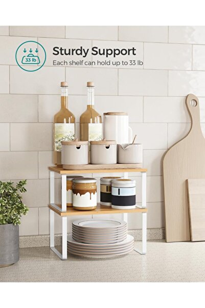 Mahmayi Kitchen Counter Shelves & Storage Rack with Metal, White and Natural, Set of 2