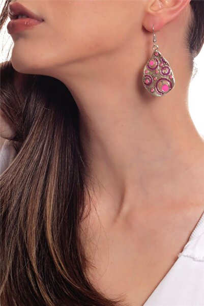 LABALABA Kadın Antik Gümüş Kaplama Sallantılı Model Fuşya Renk Mineli Bohem Küpe