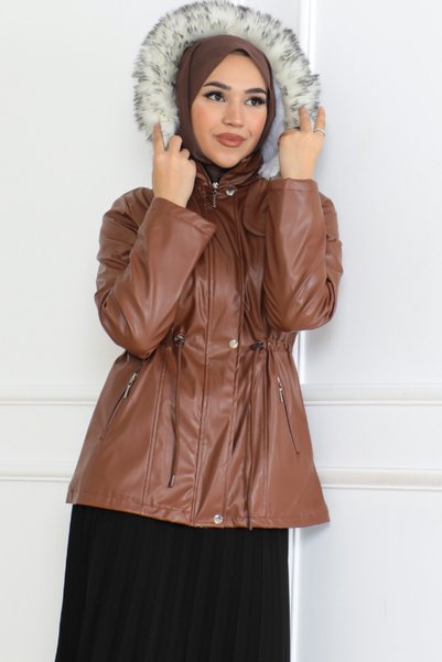BURCU TESETTÜR Hooded Short Leather Coat with Side Pockets and Zipper - Brc6263