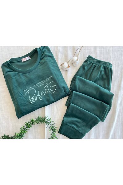 belse butik Set de pijamale pentru femei din catifea exclusivă cu model verde - Pijamerry
