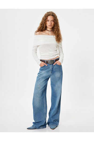 Koton Madonna Collar Off-The-Shoulder T-Shirt Long Sleeve Draped Slim Fit Viscose Blend