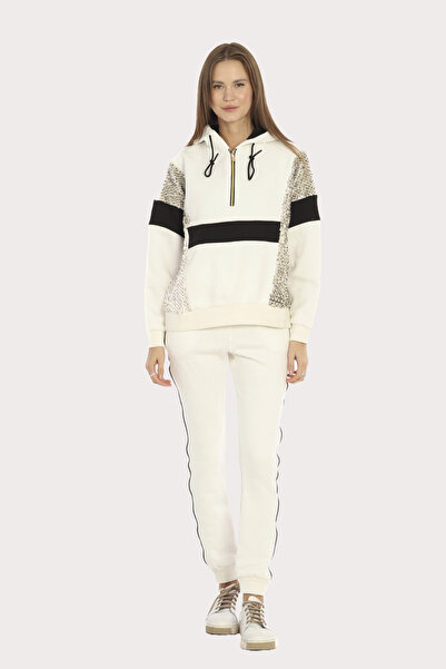 Piyera Kadın Ekru 3 Iplik Fermuarlı Kapüşonlu Pul Payet Işlemeli Paçası Lasti...