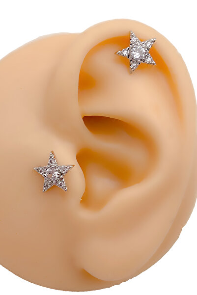 Trinos Cerrahi Çelik Piercing Full Zirkon Taşlı Yıldız Kıkırdak Helix Tragus ...