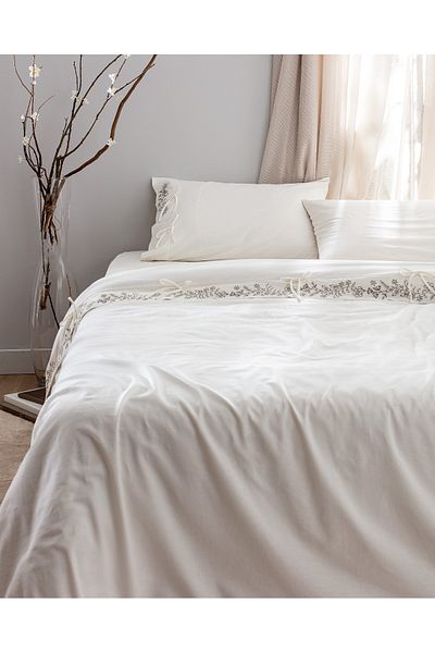 Madame Coco Relief Double 100% Cotton Tied Duvet Cover Set - Ecru/Khaki