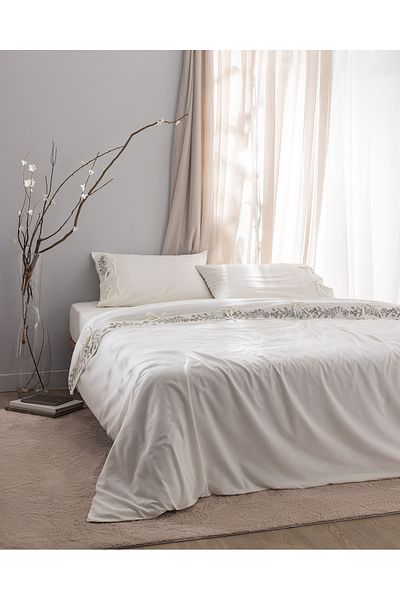 Madame Coco Relief Double 100% Cotton Tied Duvet Cover Set - Ecru/Khaki