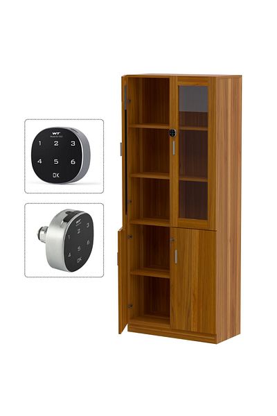 Mahmayi Carre 1123 Full Height Wooden Bookshelf Cabinet with Digital Lock for Home-Light Walnut
