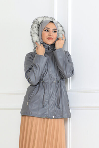 BurcuFashion Belden Bağcık, Yan cep Fermuar detaylı  Kapşonulu Kısa Deri Mont...