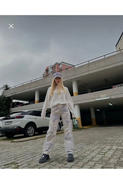 KOTOLOG Kadın Regular Fit Jogger Zebra Mavi Desenli Yüksek Bel Geniş Paça Wid...