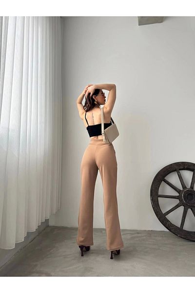 PALAZZO Light Brown Velcro Palazzo High Waist Adjustable Waist Wide Leg