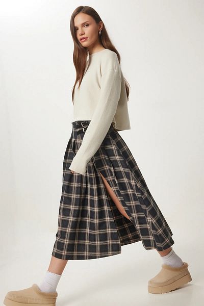 Marjinal Front Slit Plaid Patterned Belted Skirt