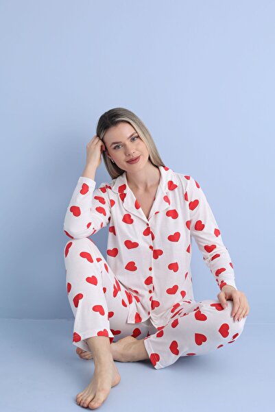 pijamacity Kadın Pamuklu Desenli Düğmeli Pijama Takımı