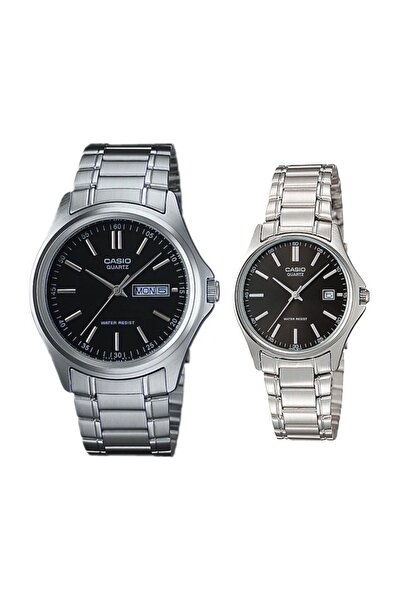 Casio Kadranı Siyah Kordonu Gümüş Renk Fonksiyonlu Sevgili Çift Kol Saati