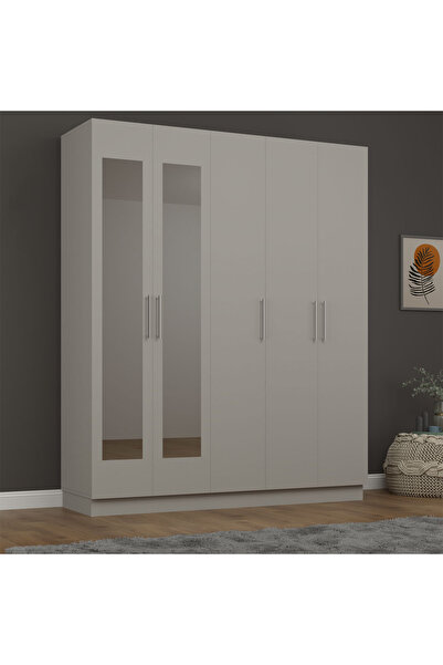 asratrend Asra Trend MDF 5 Kapaklı, 2 Çekmeceli, 2 Aynalı Gardırop - 180x218x53cm, Geniş Kıyafet Dolabı, G-03