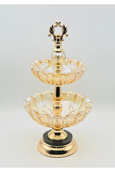 Furkan İki Katlı Kristal Cam Bayram Şekerlik Çikolatalık Gold