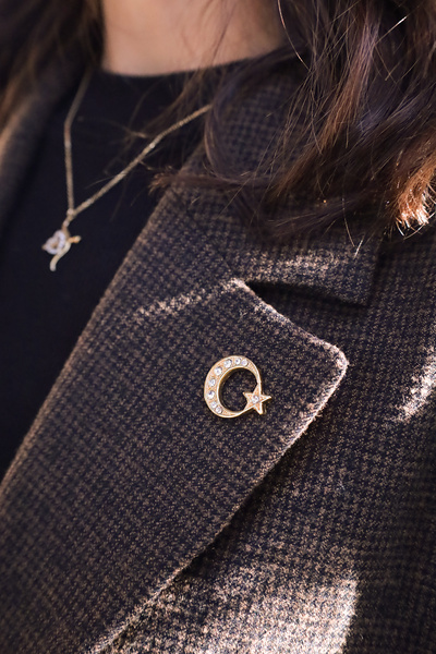 Kuker Madeni Eşya Ayyıldız Taşlı Rozet Broş