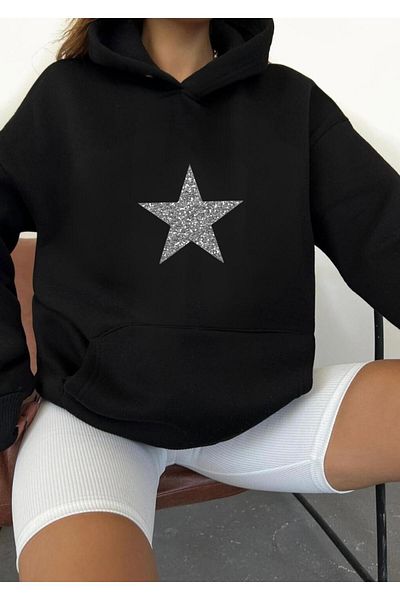 NO 601 Women's Silvery Star Printed Hooded Winter Sweat