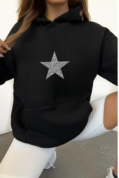 NO 601 Women's Silvery Star Printed Hooded Winter Sweat