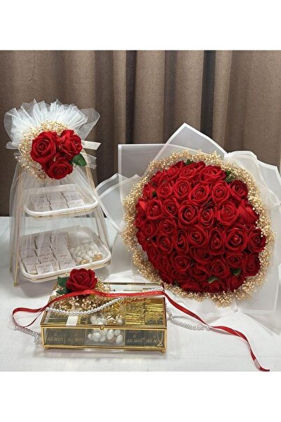 gifthomeshop İsteme Çiçeği Ve Çikolatası 2'li Set - Kırmızı Gül Demeti Ve Ikr...
